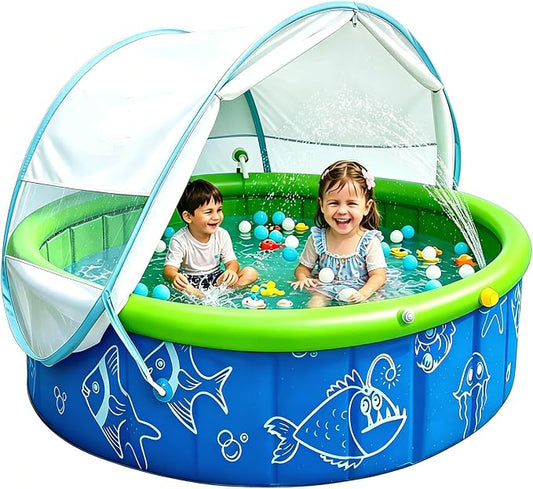 Mostop Kiddie Pool with Canopy: 47in Foldable Toddler Pool with Sprinkler & Mosquito Net,Pop Up Baby Beach Pool with Shade,Portable Swimming Pool for Kids,Outdoor Summer Essentials for Beach, Backyard