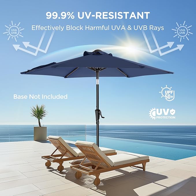 HOMSHADE 7.5ft Outdoor Patio Umbrella - Market Table Pool Deck Umbrella UPF50+ UV Protection with Push Button Tilt, Crank and 6 Sturdy Ribs (Navy Blue, No base)