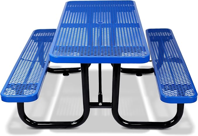 72" Rectangular Metal Picnic Table for 4-8 Person, Durable Heavy Duty Commercial Picnic Table with Umbrella Hole for Outdoor Coffee Shop, School, Hospital, Easy to Install, Blue