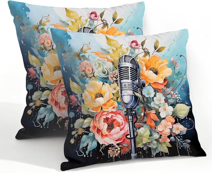 22x22 Inch Outdoor Pillow Covers Set of 2 Waterproof Throw Pillow Covers Decorative Couch Cushion Covers Microphone Floral Square Pillowcases Protectors for Patio Garden Sofa