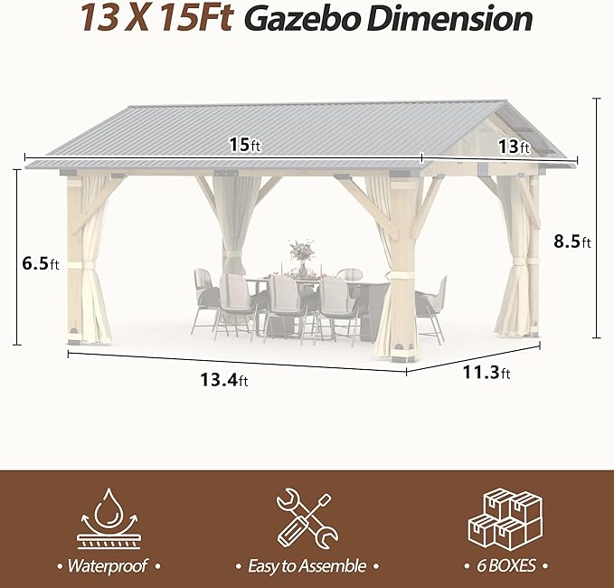 13' x 15' Wood Gazebo, Outdoor Hardtop Gazebo with Netting and Curtains, Cedar Wooden Frame Gazebos with Galvanized Steel Roof for Garden, Patio