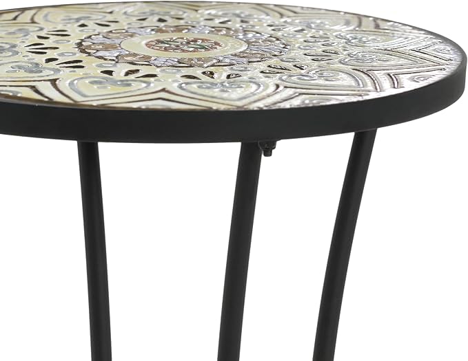 Outdoor Metal Side Table with Ceramic Tile Top Mosaic Patio Side Table and Plant Stand Tables, Round Side Table Iron End Tables for Yard Porch Balcony Garden, Daisy Black