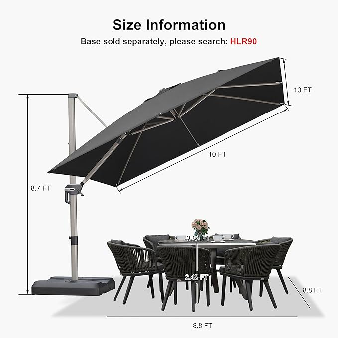 PURPLE LEAF 10’ X 10‘ Patio Umbrella Outdoor Cantilever Umbrella, Aluminum Offset Umbrella with Champagne Frame and 360° Rotation for Pool Deck Garden, Black