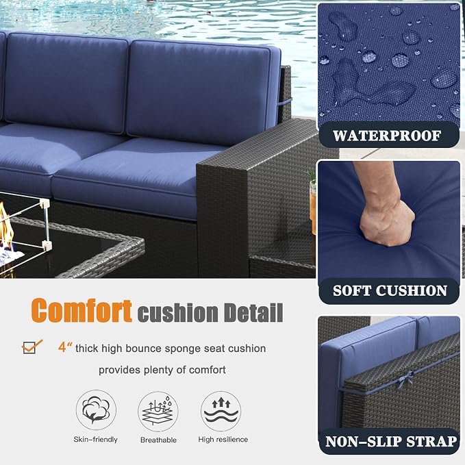 Patio Furniture Set with Fire Pit Table, 7 Pieces Outdoor All-Weather Wicker Conversation Sectional Chair Sofa Set