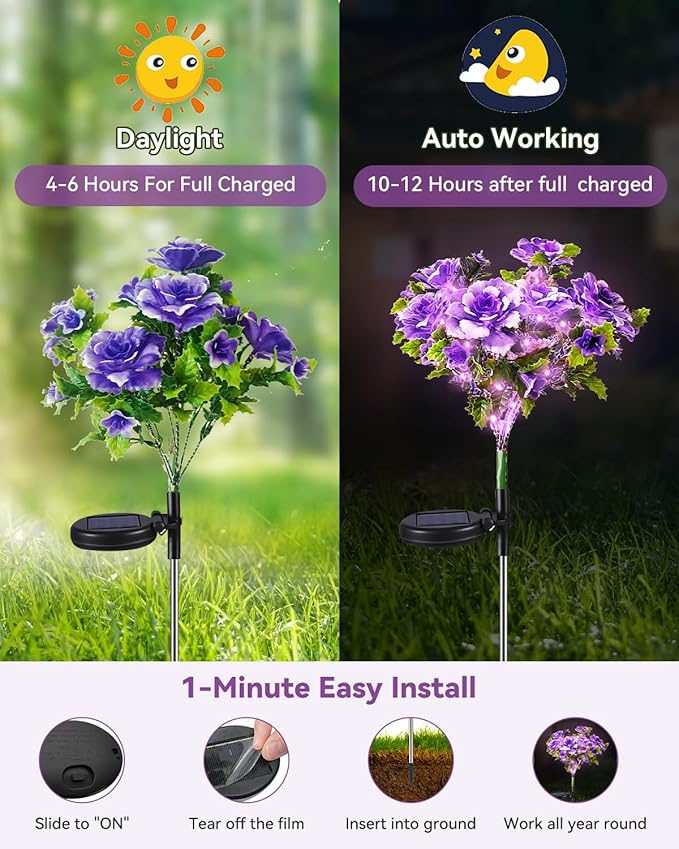 Neporal Solar Garden Lights, 4PK Dusk to Dawn Purple Carnation Solar Flowers Outdoor Waterproof for Garden Decor