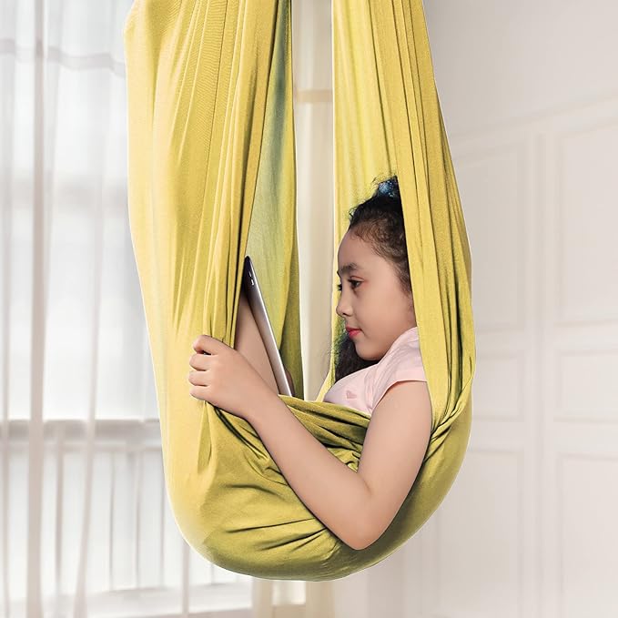 Kids Sensory Therapy Swing Hammock Children's Swing Hammock Indoor Elastic Cuddle Pod Swing for Autism Boys Girls with ADHD SPD Asperger's Sensory Integration Special Needs (Gold)