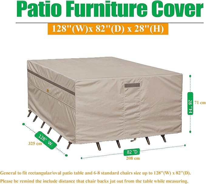 600D Heavy Duty Waterproof Patio Furniture Covers UV Resistant Rectangualr Outdoor Table and Chair Covers 128" Wx 82" D x 28" H Beige