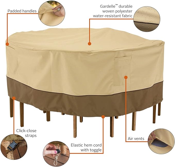 Classic Accessories Veranda Water-Resistant 70 Inch Round Patio Table & Chair Set Cover, Outdoor Table Cover