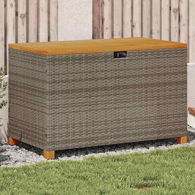Modern Rectangular Garden Storage Box with Gas Spring Mechanism, Grey Poly Rattan and Solid Acacia Wood, Spacious Interior for Cushions Blankets Pillows, Durable