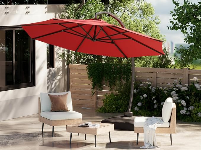 ENSTVER 11FT Cantilever Patio Umbrella With Base Included, Round Large Aluminum Outdoor Cantilever, Heavy Duty Offset Umbrella with 360°Rotation for Pool, Deck, Backyard, Garden(Red)