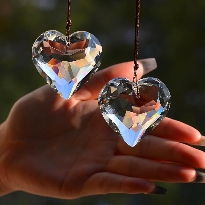 2PCS Heart Crystal Suncatcher Prisms for Windows (Heart Clear) | Clear, Transparent, K9 Glass, Rainbow Maker, with Hooks & Cord