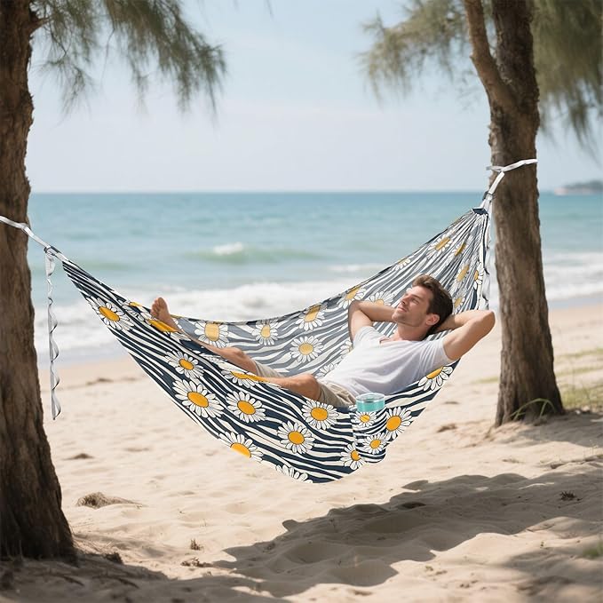 Camping Hammock Outdoor Hammocks for Outside Black White Striped Daisy Beach Trees Portable Lightweight with Pockets Tree Straps Indoor