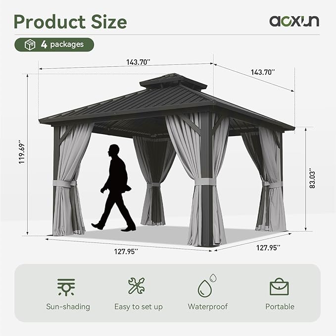 Aoxun 12'x12' Hardtop Gazebo, Metal Frame Canopy with Double Galvanized Steel Roof, Outdoor Metal Pavilion with Netting, Curtains for Backyard, Patio and Deck
