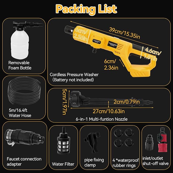Cordless Washer Fit for DeWalt 20V Battery, 21000RPM 800PSI Portable Handheld Washer with 6-in-1 Nozzle & Foam Pot & Water Hose, for Car Floor Garden Wall Cleaning (No Battery)