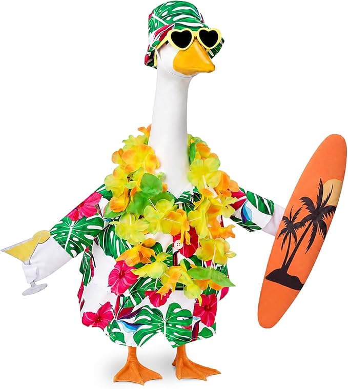 Porch Goose Hawaiian Outfit with Hat, Sunglasses & Lei, Summer Yard Decor | Fits 23 Inch Goose, Includes Tropical Shirt, Drink, Surfboard & Lei,Summer Goose Outfit for Pool Party, Lawn Garden Decor