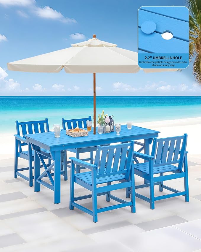 5-Piece Patio Table Set, Outdoor HDPE Dining Furniture Set with Umbrella Hole All Weather Table and 4 Chairs for Lawn, Garden, Poolside, Backyard, Blue