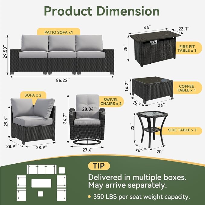 Aoxun 10-Piece Patio Furniture Set with 44” Fire Pit Table, Widen Armrests Wicker Rattan Outdoor Sectional Sofa with Swivel Chairs, Outdoor Patio Furniture Set with Thick Cushions & Ottoman, Grey