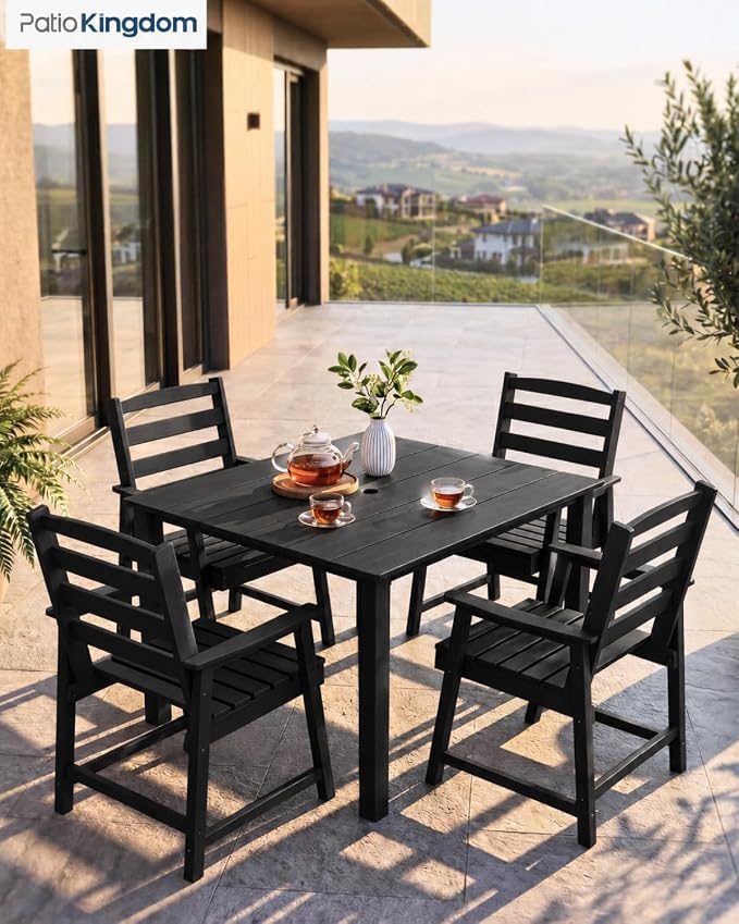 HDPE Outdoor Dining Set for 4, Armchairs, Black | All-Weather HDPE, Wood Grain Finish, 42.5" Square Table, Built-In Umbrella Hole, Seats 4, Patio & Poolside Ready