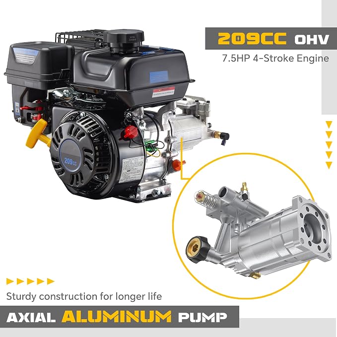 Pressure Washer Gas Powered 3500 PSI 2.3 GPM, 209CC Engine Gas Pressure Washer with 25FT Hose & 4 Quick-Connect Multi-Angle Nozzle, High Pressure Washer for Outdoor Cleaning