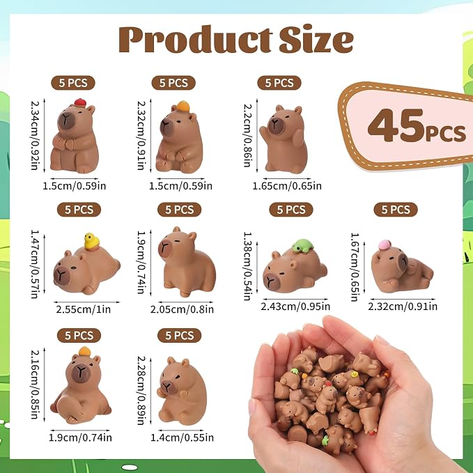 45 Pcs Mini Capybara Figures 9 Styles Mini Resin Capybaras Cute Capybara Figurines Resin Animals Miniature Figurines Tiny Animals for Garden Moss Landscape Dollhouse Tabletop Party Decor DIY