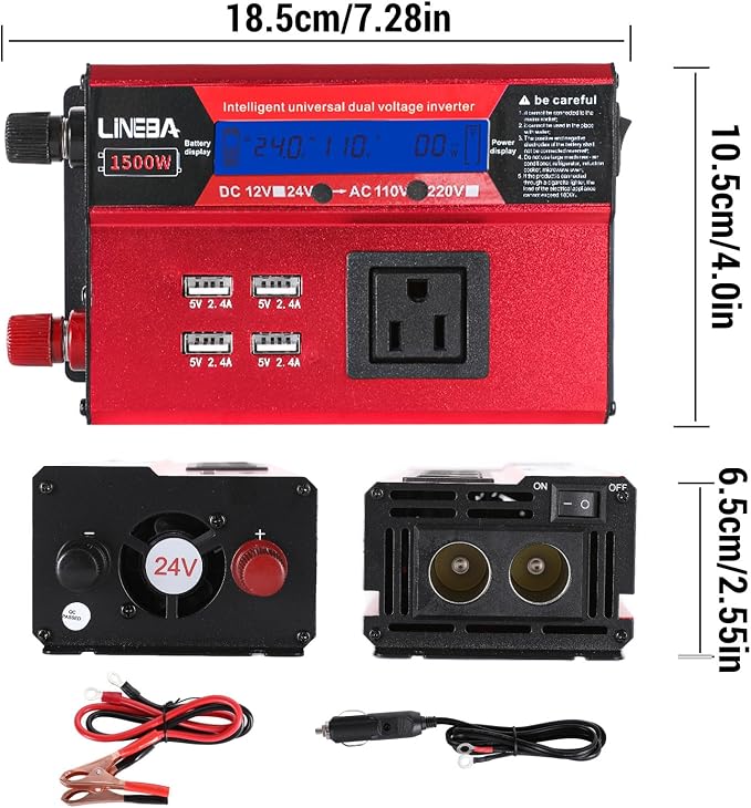 1500 Watt Power Inverter with LED Display,AC Outlets,4 USB Port, 24V DC to 110V AC Converter Car Power Inverter for Car, RV, Truck, Off Grid Solar System, Camping