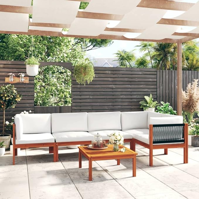 Patio Lounge Set with Cushions,Outdoor Patio Furniture,Outdoor Chat Conversation Set,for Patio,Backyard,Garden,Outdoor,6 Piece Cream Solid Acacia Wood
