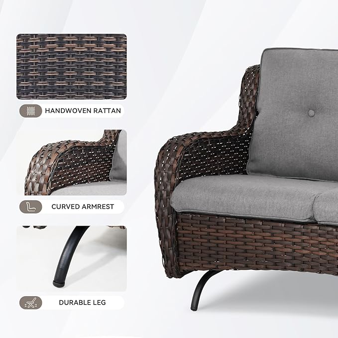 Patio Loveseat Wicker Loveseat Rattan Glider Sofa with Curved Armrest Thicking Back & Seat Cushions for Garden Balcony Backyard Brown Wicker|Grey Cushions (A) Patio Loveseat Glider