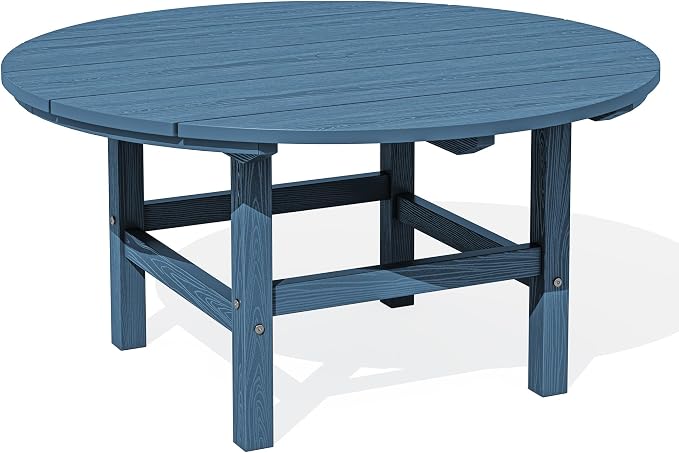 SERWALL 35.5'' Outdoor Round Table with Umbrella Hole, HDPE Weatherproof Coffee Table, Blue