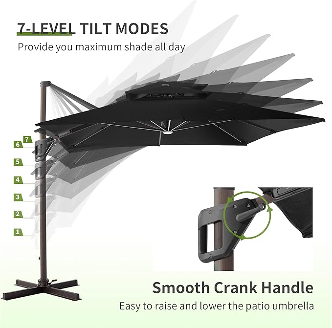 JZAC & QZYD 10X13 FT Outdoor Cantilever Patio Umbrella with LED Lights, Large Heavy Duty 2-Tier Aluminum Offset Umbrellas with 360-Degree Rotation for Pool Deck, Black