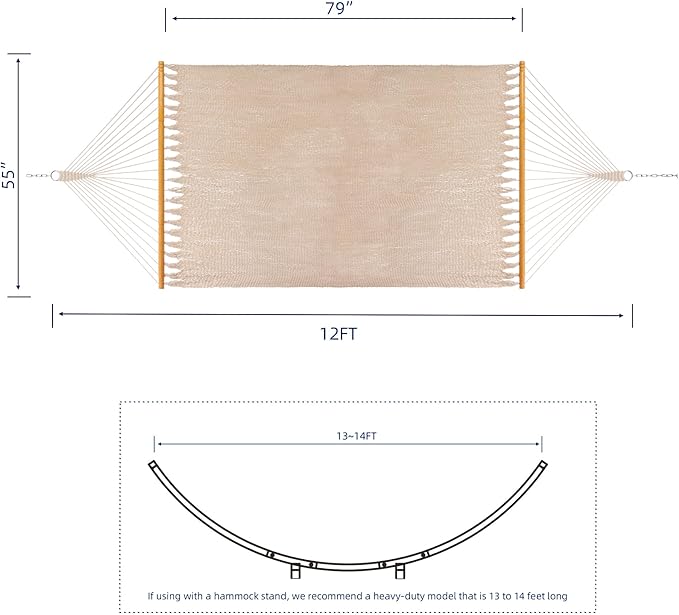 Double Hammock with Hand Tightly Woven Rope Net, Solid Spreader Bars, 12FT for 2 Persons, Caribbean Type, All Weather for Outdoor, Coastal Relaxtion, 450LBS Capacity, Warm Oatmeal