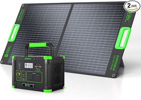 EBL 500W Portable Power Station with 100W Portable Solar Panel 20V, Outdoor Solar Generator 500W(Peak 1000W) Backup Battery Pack Solar Kit for RV/Van Camping Fishing Climbing Road Trip Home Emergency