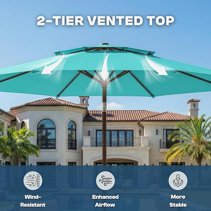 Outdoor Patio Umbrella, 2 Tiers Market Table Umbrella with 8 Sturdy Ribs, Push Button Tilt and Crank, UPF50+ UV Protection for Deck, Pool, Garden and Backyard