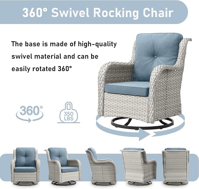 Outdoor Swivel Rocker Patio Chairs-Wicker Patio Swivel Chairs Set of 2 with Side Table PE Rattan Patio Furniture Set for Porch Deck Balcony Garden-Light Grey/Light Blue