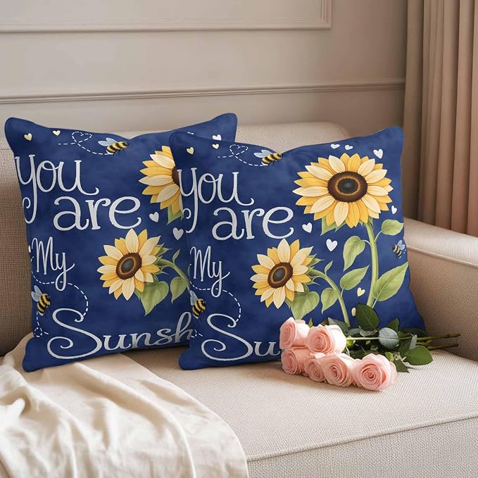 Outdoor Pillow Covers You are My Sunshine Words Decorative Throw Pillow Covers, Farm Sunflowers Bee on Blue Throw Cushion Case with Zipper for Patio,Couch,Sofa,Garden 16x16in Set of 2