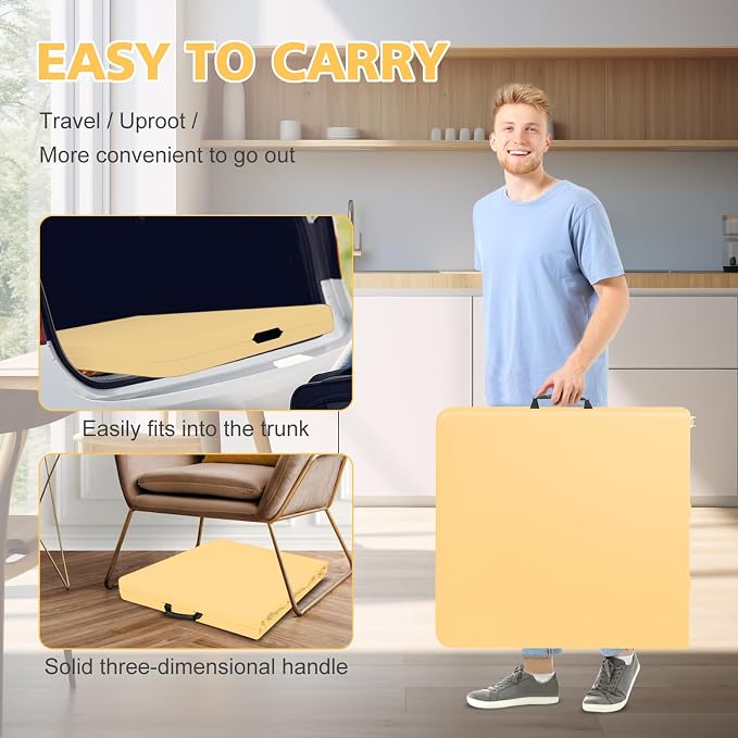 Portable 4Ft Folding Table, Heavy Duty Plastic Fold-in-Half Utility Foldable Table, Adjustable Height Plastic Folding Table with Carrying Handle for Camping &Party Indoor/Outdoor(Light Yellow)
