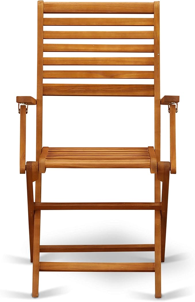 East West Furniture MNBS3CANA 3 Piece Outdoor Conversation Bistro Set Contains a Round Acacia Wood Coffee Table and 2 Folding Arm Chairs, 30x30 Inch, Natural Oil