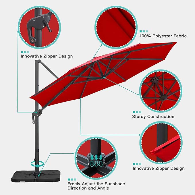 Sunnyglade 11Ft Cantilever Patio Umbrella Deluxe Offset Umbrella 360°Rotation & Integrated Tilting System Heavy Duty Patio Hanging Umbrella for Market Garden Deck Pool Backyard Patio (Red, 11 ft)