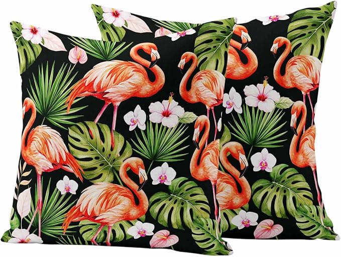 Pink Flamingos Outdoor Pillow Covers 20"x20" Set of 2, Green Tropical Leaf Hibiscus Flower Botanical Waterproof Throw Pillow Covers for Patio Furniture, Decorative Cushion Covers for Porch