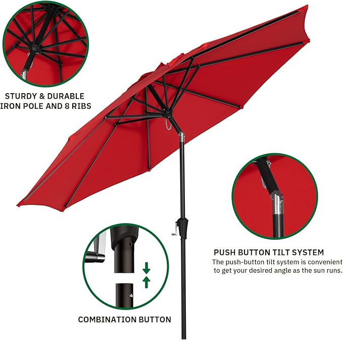 MEWAY 10ft Patio Umbrella Large Market Outdoor Garden Table Deck Pool Backyard Fishing Sunshade Umbrella with Push Button Tilt, Crank and UV Protection(10 ft, Red)