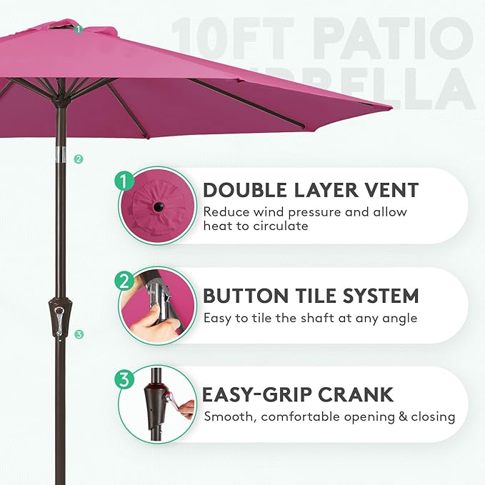 JEAREY 10FT Outdoor Patio Umbrella Outdoor Table Umbrella with Push Button Tilt and Crank, Market Umbrella 8 Sturdy Ribs UV Protection Waterproof for Pool, Garden (Rose Pink)