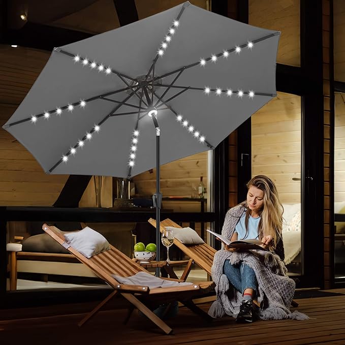 FLAME&SHADE 9 FT outdoor umbrella with 40LED lights, solar light patio umbrella with Centre Surround Light, Table Market Umbrella Outdoor Patiofor Deck, Pool, Backyard, Garden (Anthracite)