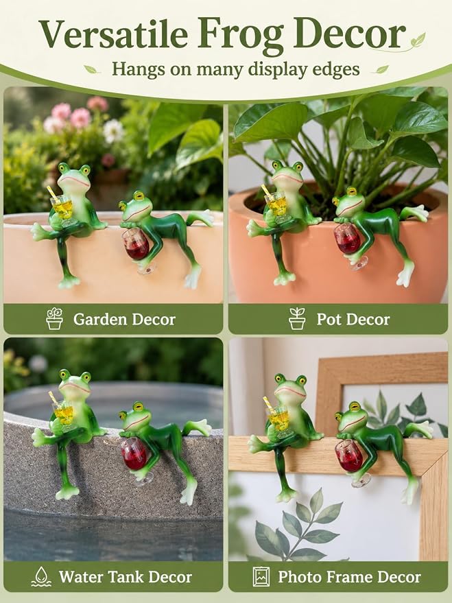 2 PCS Tipsy Frog Pot Hugger, Miniature Resin Figurines Plant Decorations for Pots, Outdoor Garden Decor for Flower Pot Yard Patio Lawn, Planter Hanger Statues, Funny Gifts for Women