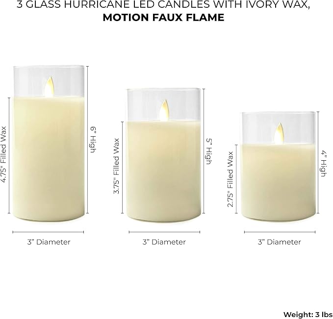 LumaBase Battery Operated Glass Hurricane LED Candles with Flickering Flame - Set of 3