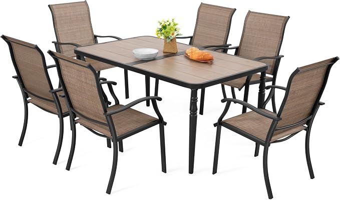 NUU GARDEN 7-Piece All-Weather Outdoor Dining Set, 61” x 37” Wood-Grain Table & 6 Ergonomic Textilene Chairs, Patio Furniture Set with Umbrella Hole for Yard Porch Poolside Garden, Black and Brown