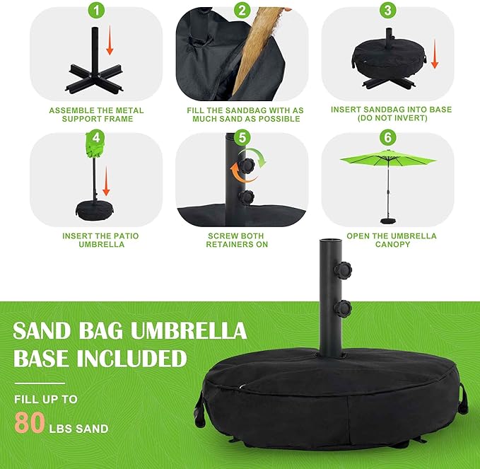 Sundale Outdoor Solar LED Patio Umbrella with Sand Bag Umbrella Base, Outdoor Umbrella with Tilt and Crank, Apple Green