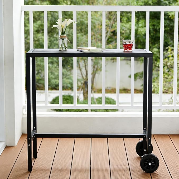 GarveeHome 39 Inch Outdoor Bar Table, Counter Height Table with Wheels & Adjustable Leveling Feet, Portable Black Bar Table for Kitchen, Patio, Balcony, Home Bar