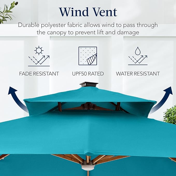 Best Choice Products 10ft Square Cantilever Patio Umbrella w/Base Included, Woodgrain Pattern Pole & Solar LED Lights, 360-Rotation, Offset Hanging Outdoor Shade