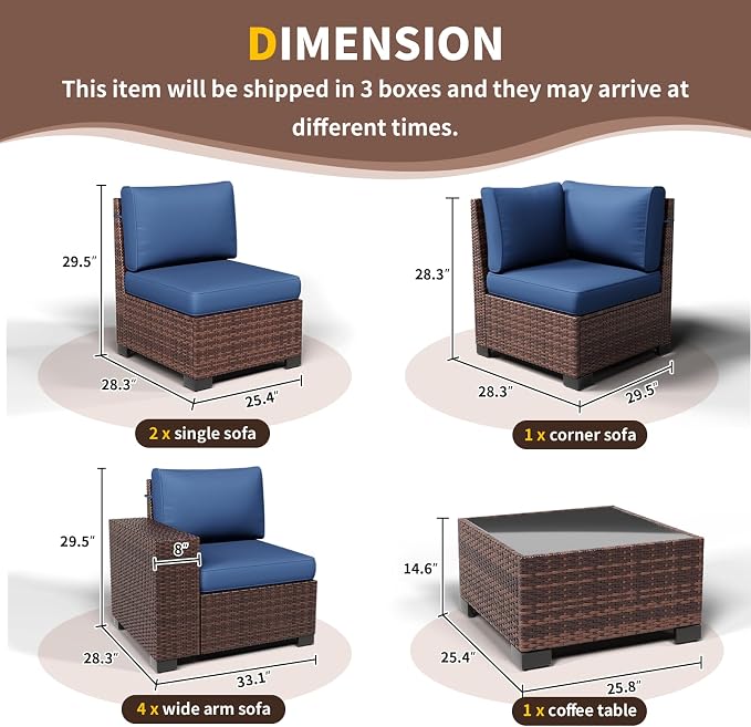 Outdoor Patio Furniture Set, 8‘’ Wide armrest Outdoor Sectional Rattan Sofa Set, Wicker Patio Furniture Sets w/Coffee Table,Thick Cushions for and Cover for Porch, Poolside,8 PCS(Brown&Blue)