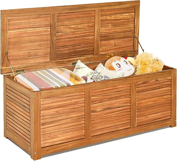 HOMGX Acacia Wood Outdoor Storage Box, 46 Gallon Deck Box Patio Bench for Toys Storage, Gardening Tools, Porch, Backyard