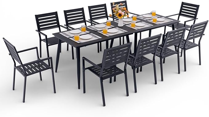 12-Piece Outdoor Dining Set - Two 47.25" HDPE Patio Tables and 10 Stackable Armrest Chairs - All-Weather Rust-Proof Steel Frame for Garden, Deck(Black)